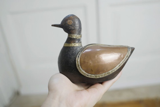 Image 1 of Hand-Carved Wood Duck Figurine with Brass Copper Inlay, Nepalese Tibetan Folk Art