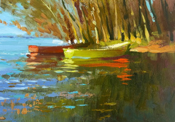Image 1 of Original Oil Painting Coastal River Landscape Between water and trees