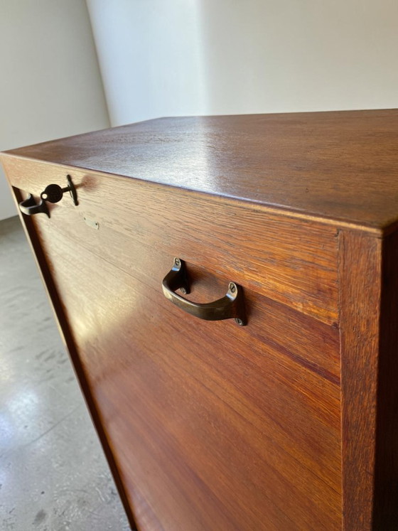 Image 1 of Antique German oak roll-top wardrobe with original key and working wooden roll-top. Made around 1920–1935