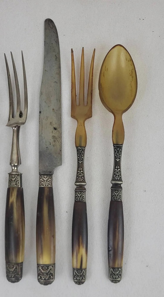 Art Deco serving cutlery with horn handle – Cutlery Sets, polished steel, Metal (photo 4 of 9)