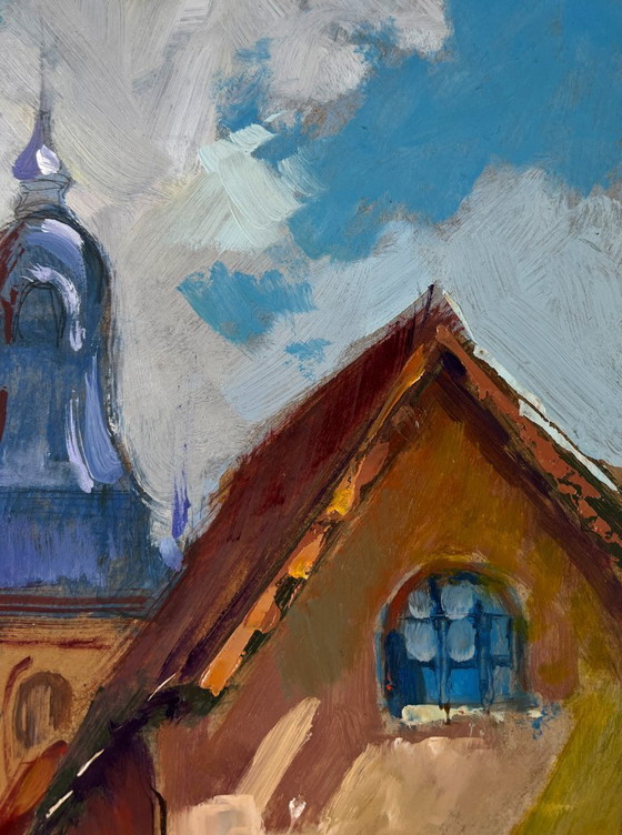 Image 1 of Original Oil Painting City Road Landscape Quiet Street In The Old Town