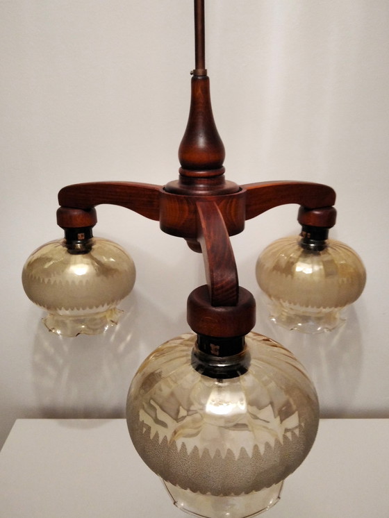 Image 1 of Mid-Century, Lustre Vintage en bois avec abat-jour en verre, 70's Hungary