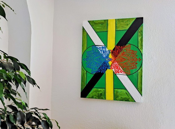 Image 1 of Enzo San Marco - Essentiële kleuren op een groene achtergrond - Schilderij van de kunstenaar