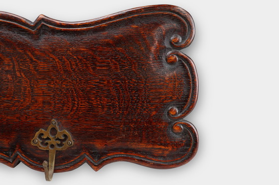 Image 1 of Art Nouveau Style Coat Rack in Oak with Brass Hooks, France ca. 1915