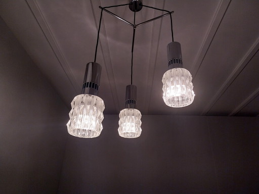 Vintage Hanglamp met 3 Lichtpunten (Chroom + Glas), Jaren 70