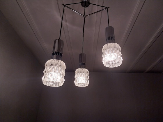 Image 1 of Vintage Hanglamp met 3 Lichtpunten (Chroom + Glas), Jaren 70