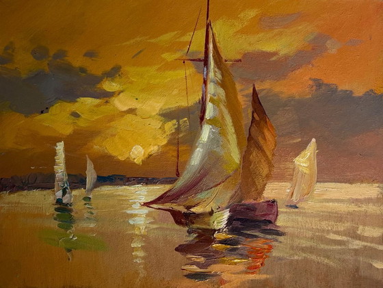 Image 1 of Original Oil Painting Sea Evening Landscape In the evening at sea