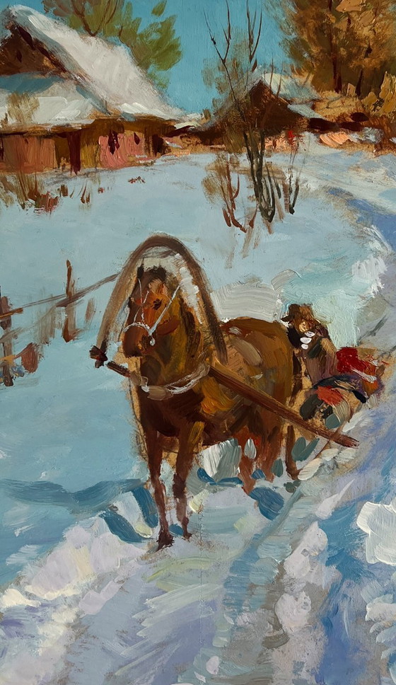 Image 1 of Original Oil Painting Winter Village Landscape Riding a horse in the snow