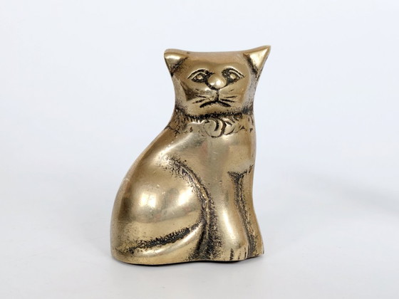 Image 1 of Vintage Solid Brass Cat Figurines Pair MCM Collar Detail Shelf Curio Decor