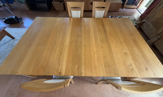 Image 1 of Handcrafted solid oak dining table + 4 chairs + 2 extensions