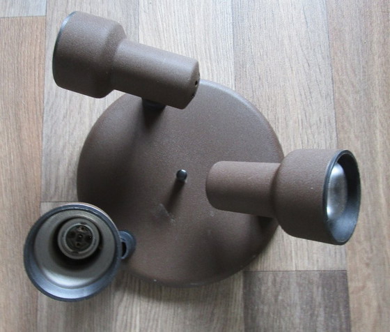 Image 1 of Vintage brown metal ceiling lamp with three adjustable spotlights.