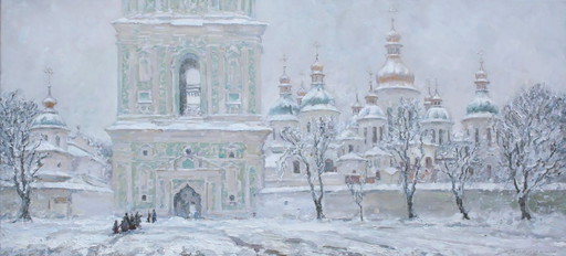 Peinture à l'huile originale Architecture d'hiver Temple Église enneigée