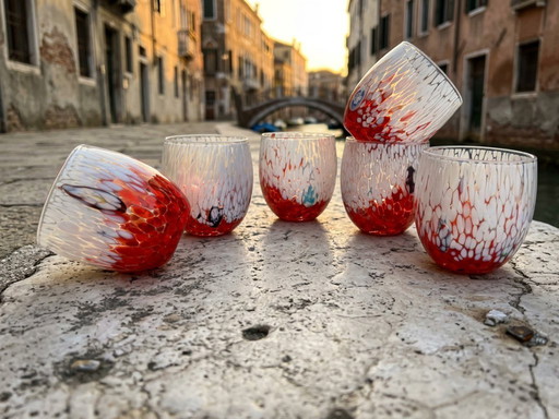 Juego de 6 vasos de vidrio soplado veneciano con efecto Murano Murrine fusionado en vidrio, hechos a mano en Italia.