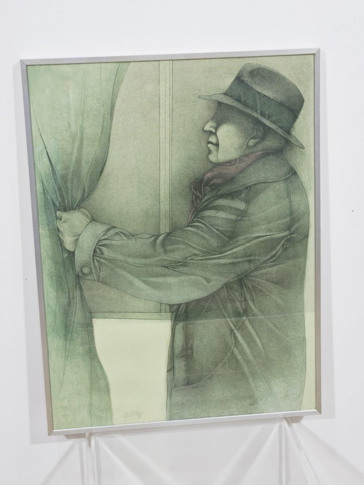 Bruno Bruni, Hinter dem Vorhang, 1979, Litografia, Incorniciato