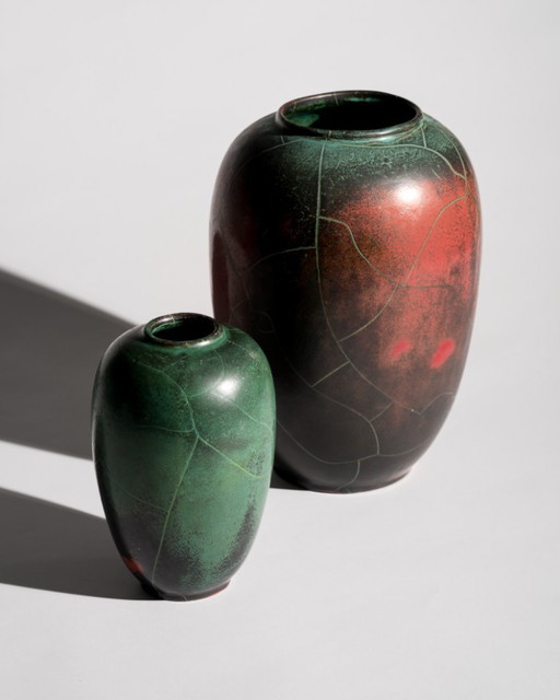 Pair of Paul Dresler Grootenburg Copper Reduction Glaze Studio Ceramic Vases – Germany, ca. 1940s-1950s Art Deco Bauhaus