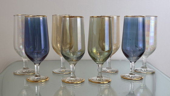 Image 1 of 8 x Vintage iridescent wine glasses or water glasses rainbow glass