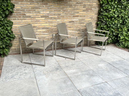 3x chaises de jardin Borek, en acier inoxydable avec accoudoirs en teck.