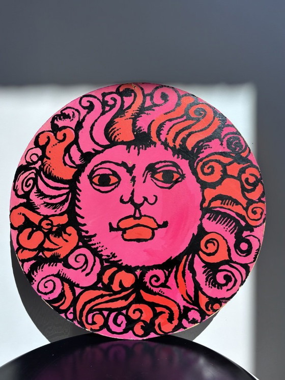 Image 1 of Rara coppia di insegne psichedeliche vintage degli anni '70 a doppia faccia raffiguranti un sole (50 cm)