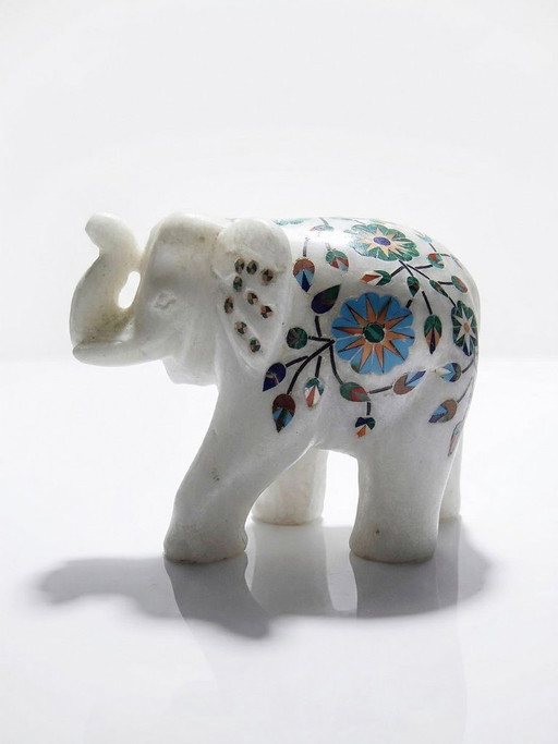 Decorative Indian elephant in alabaster inlaid with stones, vintage craftsmanship