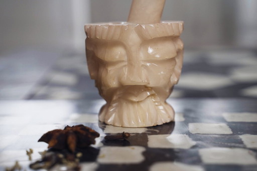 Antique Carved Alabaster Oriental Mortar and Pestle Grinder, Vintage Decorative Stone Piece