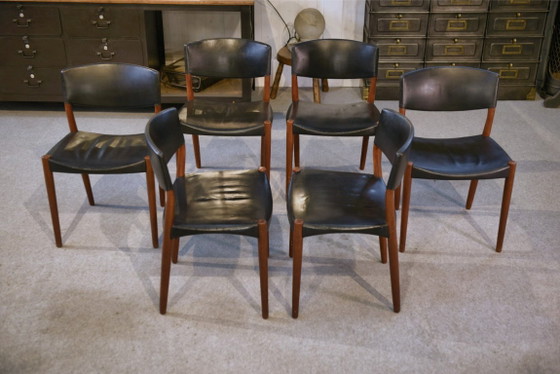 Image 1 of Ensemble de 6 chaises Ejner Larsen et A. Bender Madsen pour Willy Beck design scandinave en cuir et palissandre 1960's