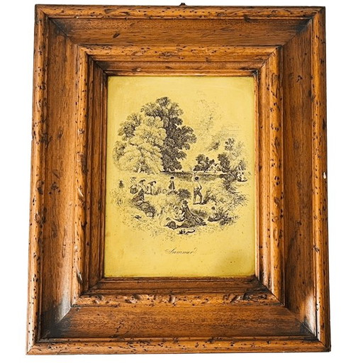 Antique framed copper engraving of a summer landscape "Summer" 1890s