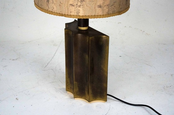 Image 1 of Vintage Brass Table Lamp with Fabric Shade – Original Patina. Italy 1970s