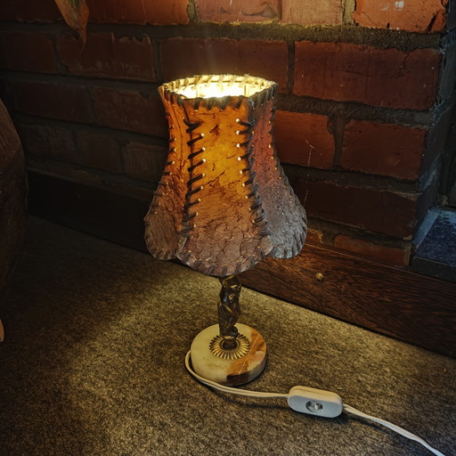 Vintage Tribal Figurine Table Lamp with Hand-Stitched Rawhide Shade and Onyx Base
