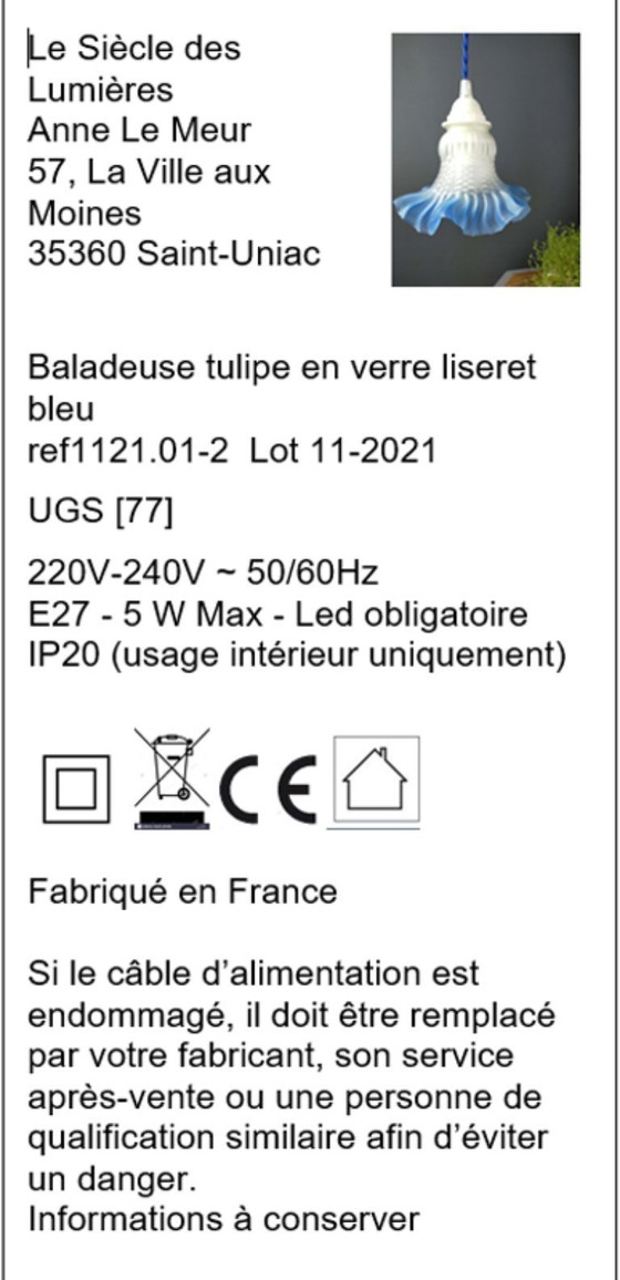 Image 1 of Tulip-shaped portable lamp in glass with blue trim