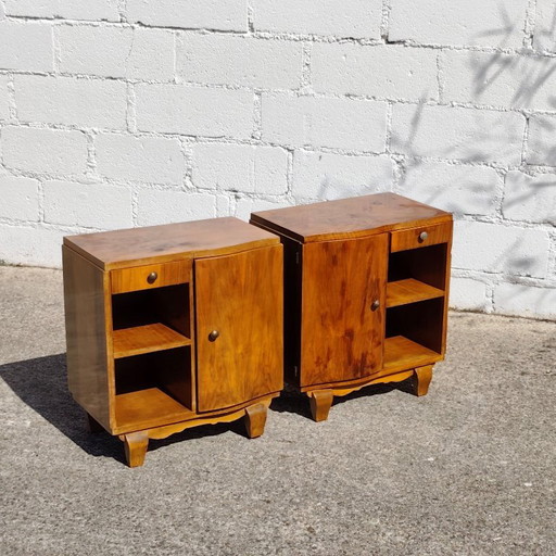  Set of 2 French Antique Art-Deco Nightstands-Burlwood Bedside Tables-30s