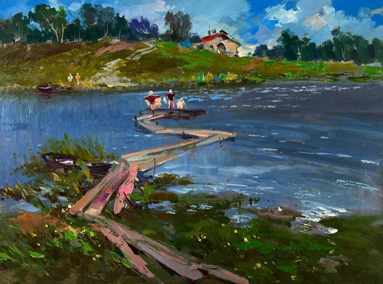 Image 1 of Original Oil Painting Summer Coastal Landscape People looking at the flow of river