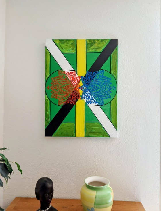 Image 1 of Enzo San Marco - Essentiële kleuren op een groene achtergrond - Schilderij van de kunstenaar