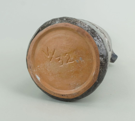 Image 1 of double handled east german mid century ceramic vase heissner keramik model V/32 relief pattern gray and blue