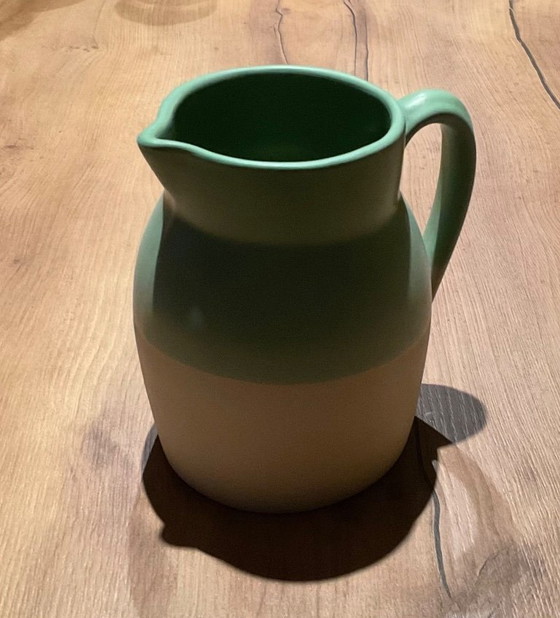 Image 1 of Digoin Sarreguemines 0.50 L Pitcher + 2 Matching Glasses – Vintage Aqua Green