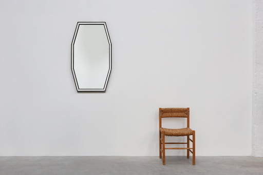 Mid-century graphical octagonal mirror with black wooden and mirror frame, 1960s
