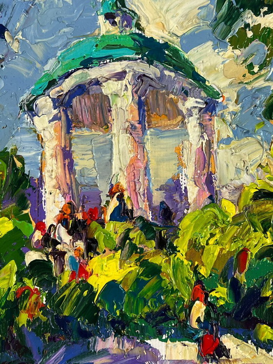 Image 1 of Peinture à l'huile originale représentant un paysage urbain estival dans un parc municipal
