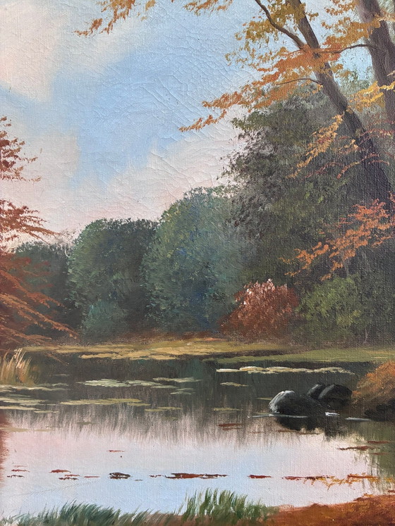 Image 1 of Peinture à l'huile originale vintage représentant un paysage, signée, œuvre d'art de ferme