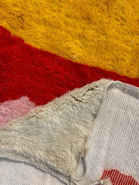 Image 1 of Red Pink Yellow Moroccan Rug | Abstract Beni Ourain Carpet | Handmade Berber Wool Decor | Plush Contemporary Area Rug