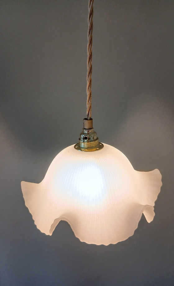 Image 1 of Vintage frosted glass pendant lamp. Floral, wavy shape.
