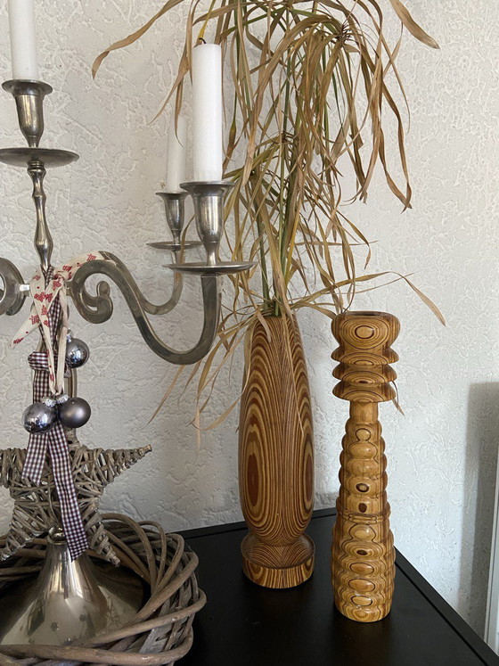 Image 1 of Vintage retro decoratieve vaas, kandelaar, unieke handgemaakte houten antieke zeldzaamheid