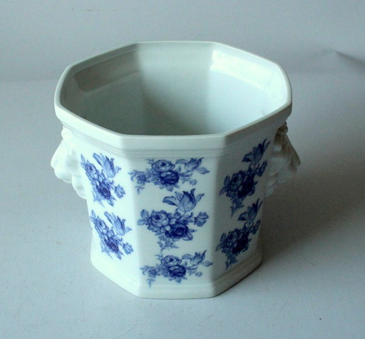Vaso da fiori in ceramica, blu e bianco con testa di leone - vintage
