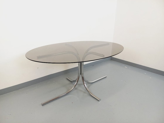 Image 1 of Vintage oval dining table in smoked glass and chrome metal, Space Age style, from the 70s