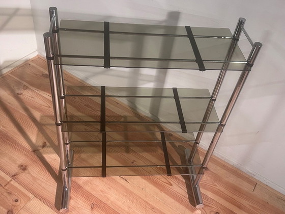 Image 1 of Portaoggetti anni Settanta in cromo con vetro fumé