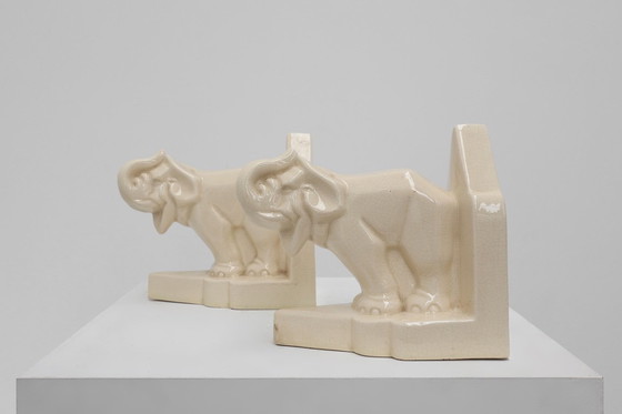 Image 1 of French Art Deco Ceramic Bookends in Elephant Motif, 1930s 