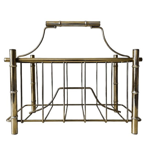 Image 1 of Vintage Hollywood Regency Faux Bamboo Newspaper Rack Magazine Basket Gold Metal Magazine Rack 1960s