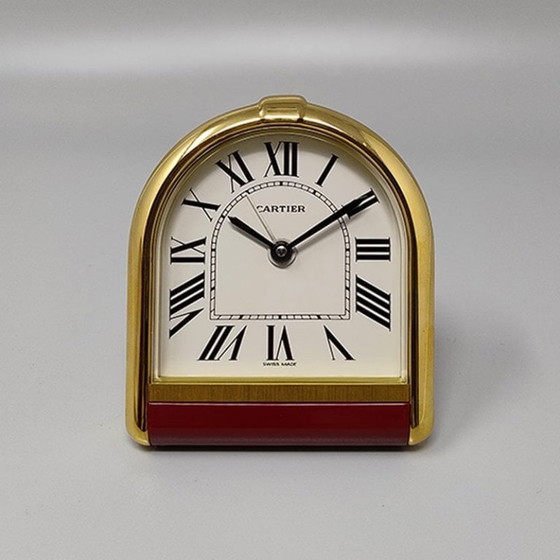 Image 1 of Cartier "Romane" reis- en bureauwekker uit de jaren 80, verguld met 18 karaats goud, inclusief originele doos en papieren.