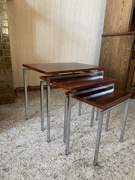Vintage nesttafels jaren'70 chroom/palissander – Bijzettafels, Hout (photo 2 of 9)