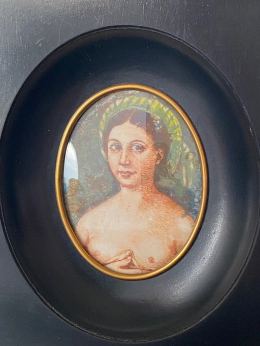 Retrato antiguo en miniatura de una joven dama, época Biedermeier (c. 1830)