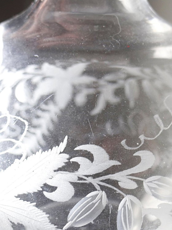 Image 1 of Antique engraved crystal decanter with vegetal decoration, Bohemian 19th-20th century