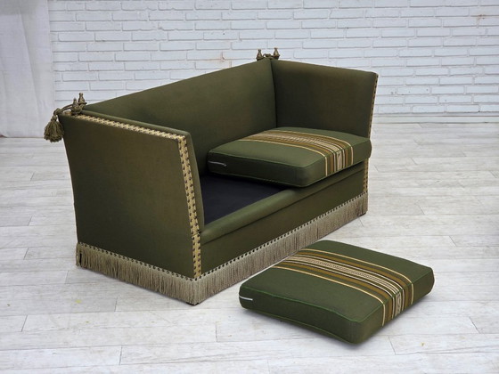 1970s, Danish 2-seater drop arm "Spanish" sofa, furniture wool. – 2 seaters, Wood (photo 10 of 20)